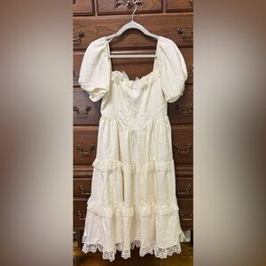 Lulu's Ivory Lace Puff Sleeve Tiered Midi Dress